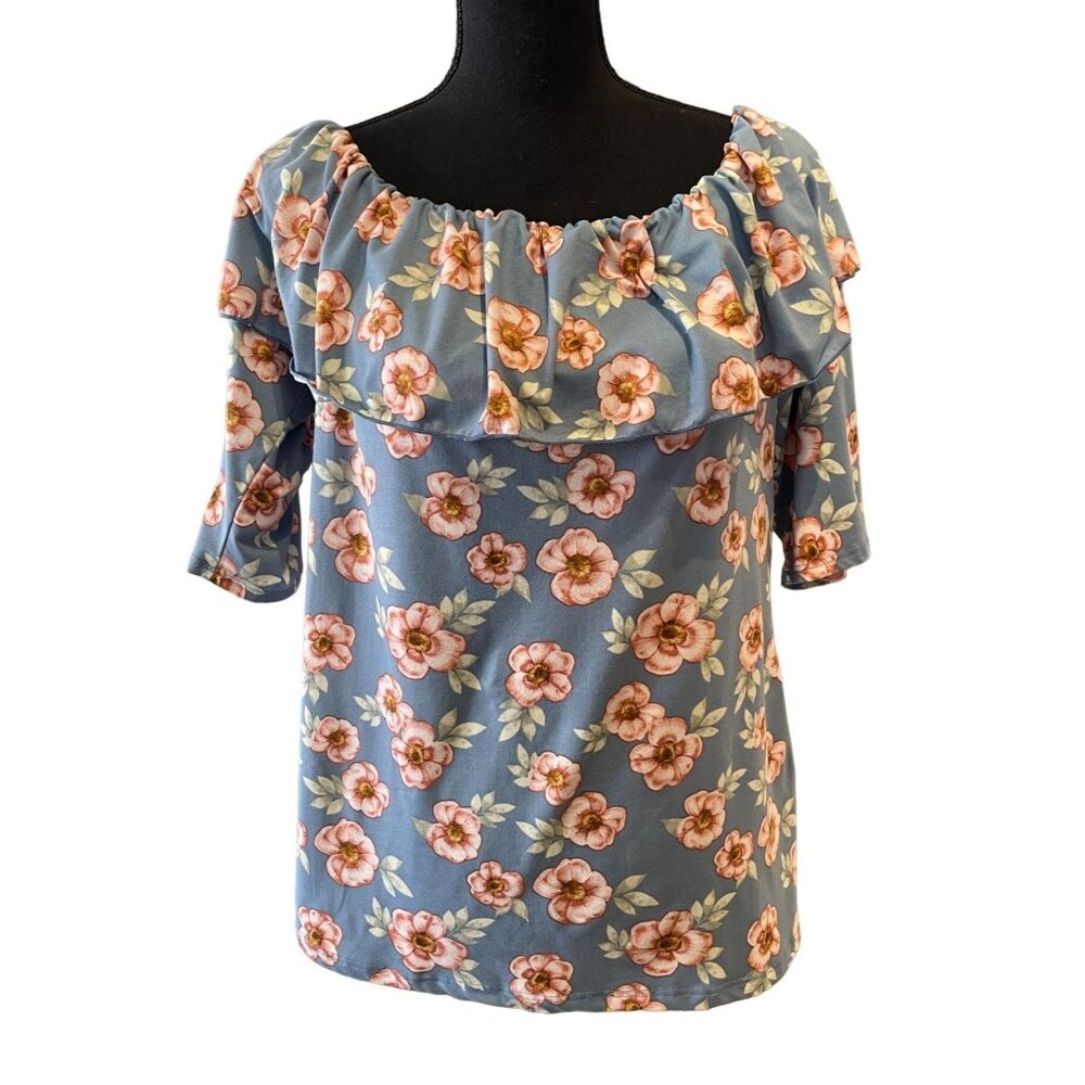 plus size ruffle neck off the shoulder USA made 2X floral print 1/2 sleeve top